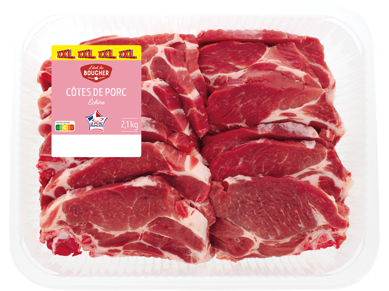 Côtes de porc échine en barquette, 2,1 kg, avec Nutri-Score.