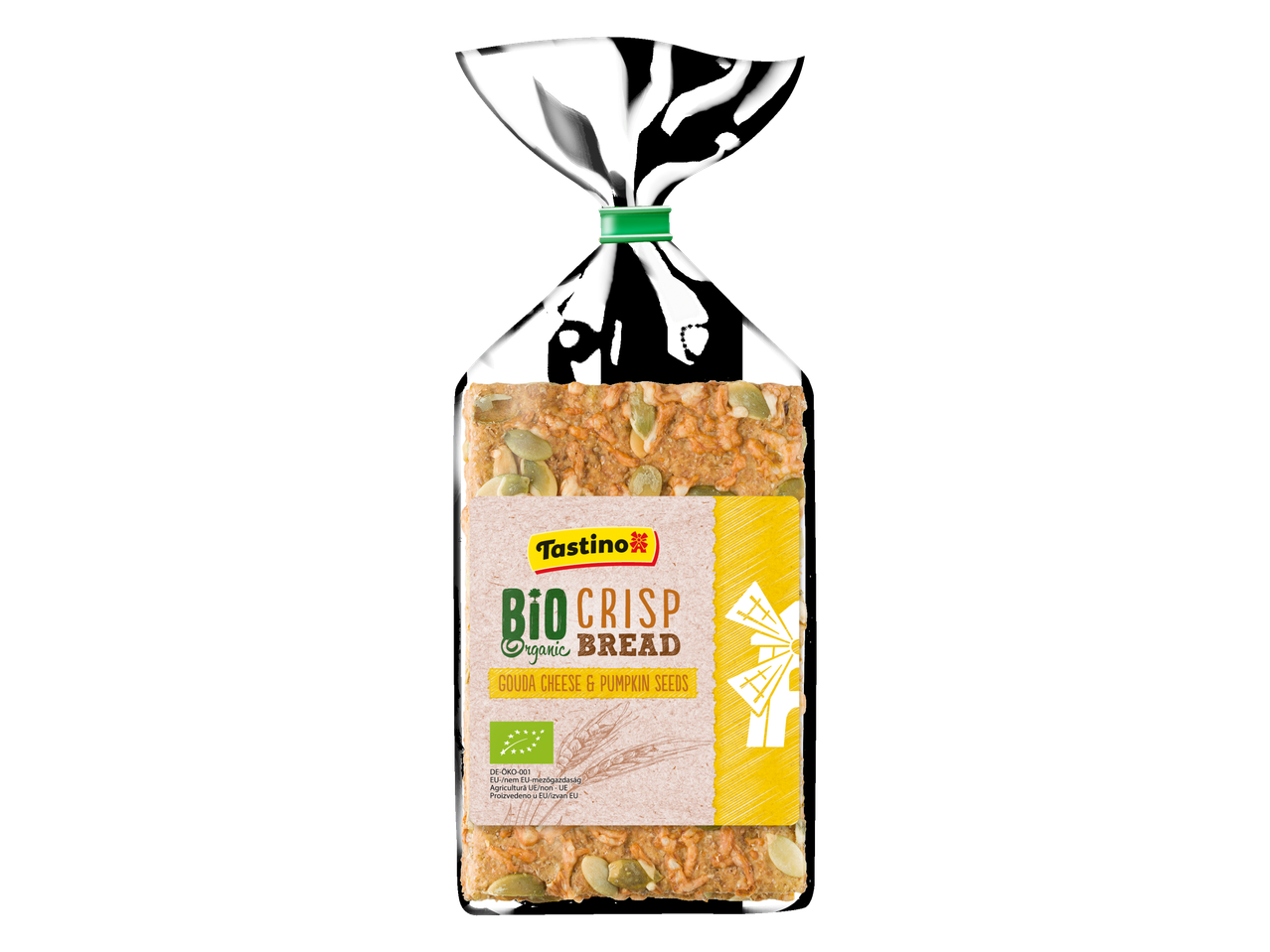 Tostino Bio Crisp ropogós kenyér Gouda sajttal és tökmaggal.