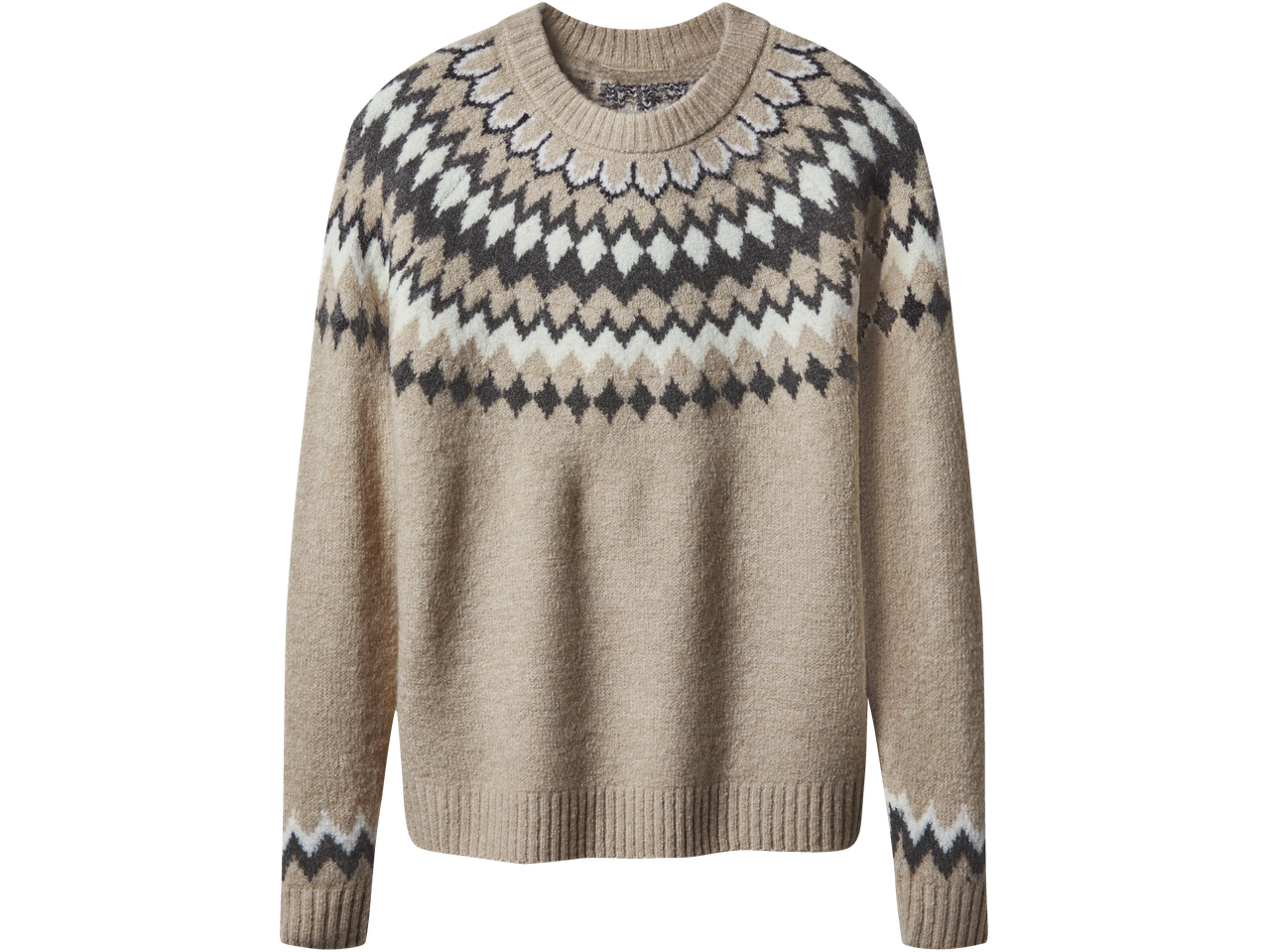 Bēšs džemperis ar pelēku, baltu un brūnu Fair Isle rakstu