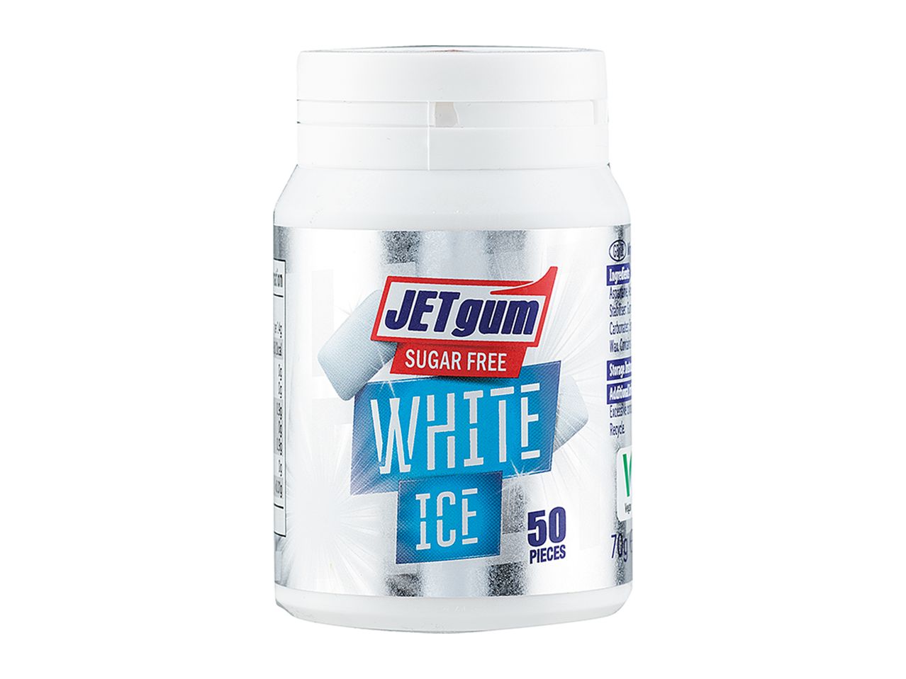 JetGum White Ice sugar-free chewing gum, 50 pieces.