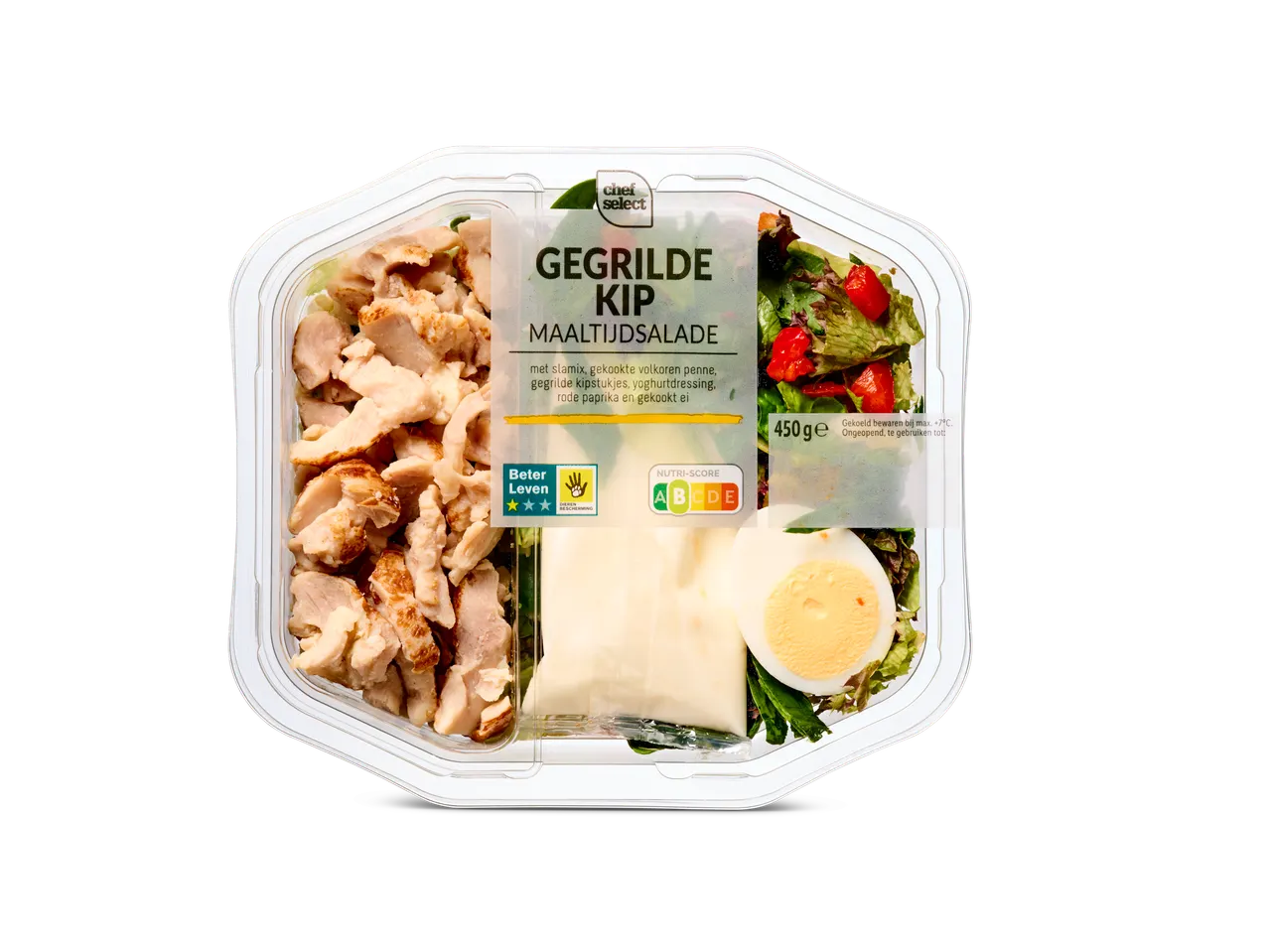 Chef Select gegrilde kip maaltijdsalade: kip, sla, ei.