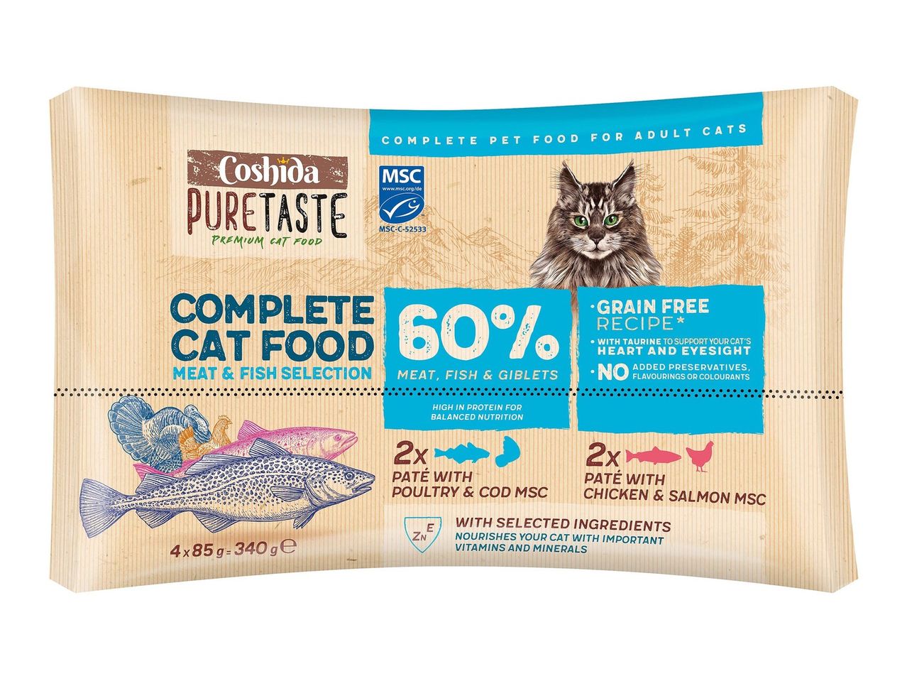Coshida PureTaste: teljes értékű macskaeledel, 60% hús és hal,  májpástétomok csirkével és MSC lazaccal.