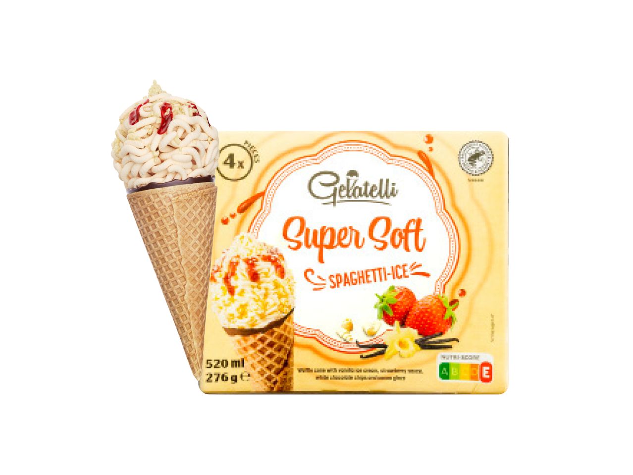 'Gelatelli' prekės ženklo 'Super Soft' ledų pakelis su keturiais itališkais ledais, atrodančiais kaip spagečiai.