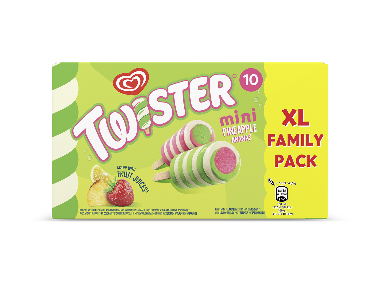 Een XL familiepak van 10 mini-ananasijsjes, gemaakt met vruchtensappen en zonder kunstmatige kleur- en smaakstoffen.