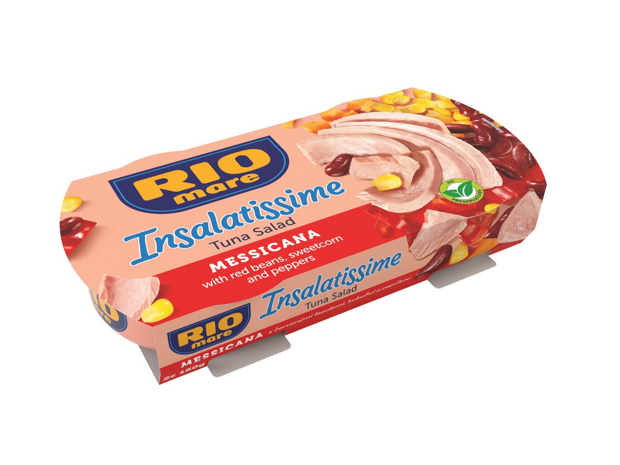 Rio Mare Insalatissime Messicana tonhalkonzerv két 160g-os dobozban, vörösbabbal, kukoricával és paprikával.