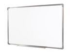 Whiteboard with a silver frame and a pen tray, angled view.