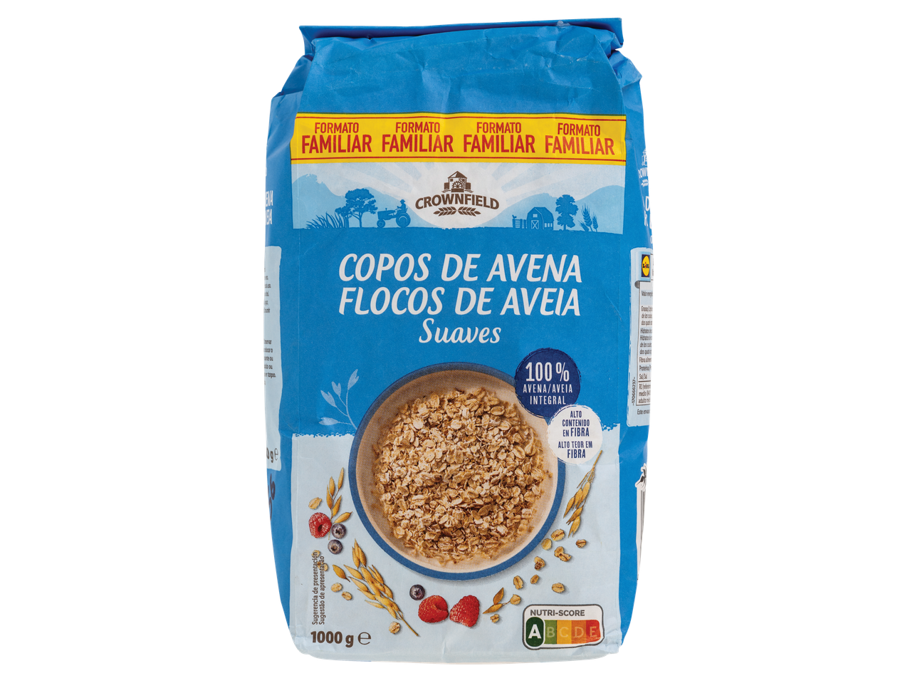 Embalagem de flocos de aveia Crownfield, 100% aveia integral, alto teor em fibra, 1000g.