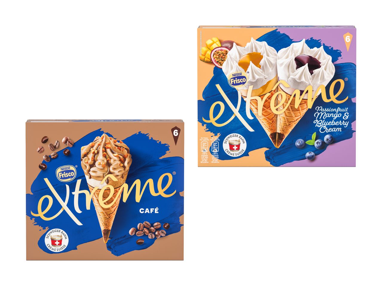 Zwei Nestlé Frisco Extreme Eispackungen: Kaffee und Mango-Blaubeere.