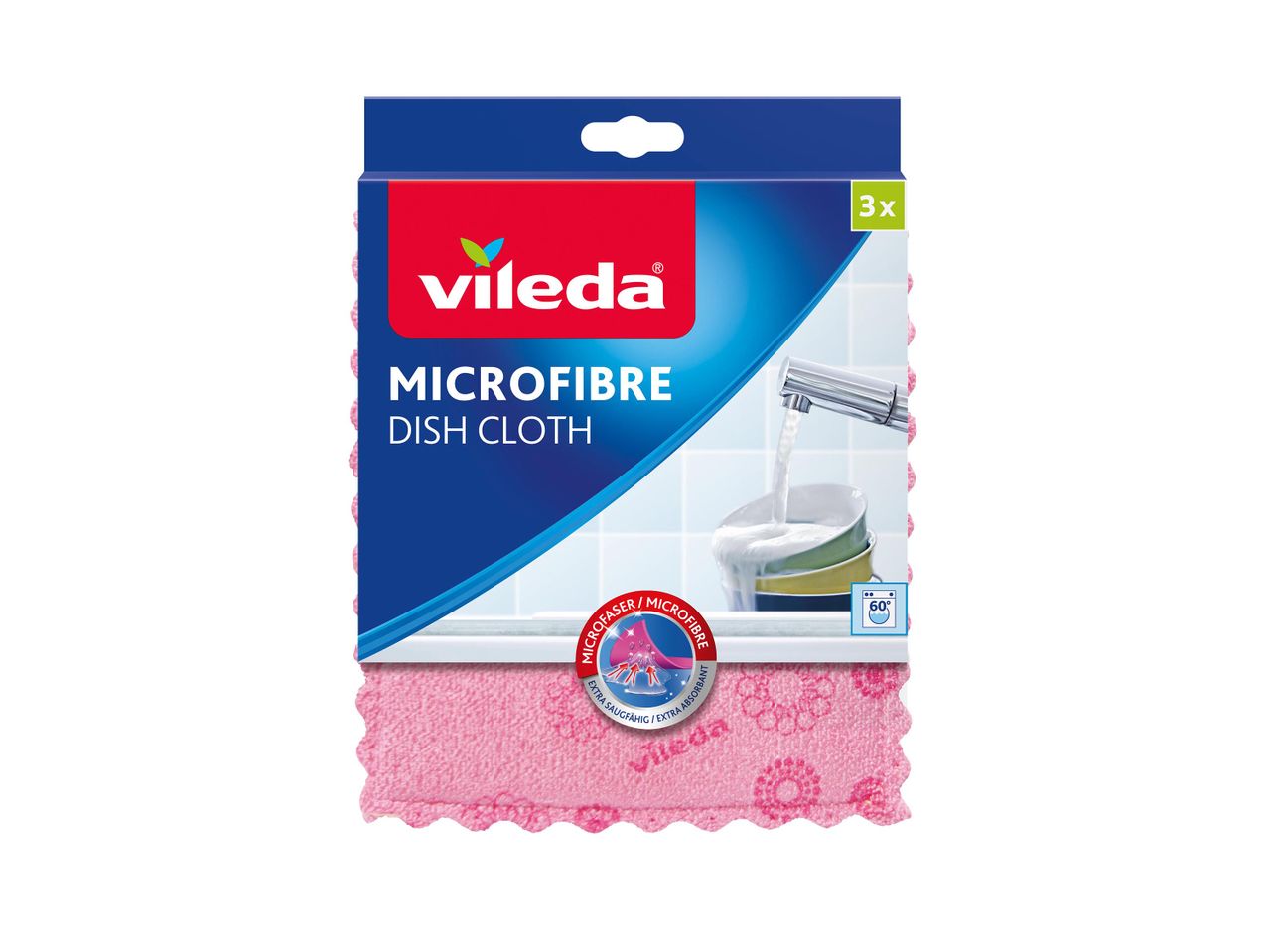 Vileda mikroszálas mosogatórongy csomagolása, rózsaszín ronggyal.
