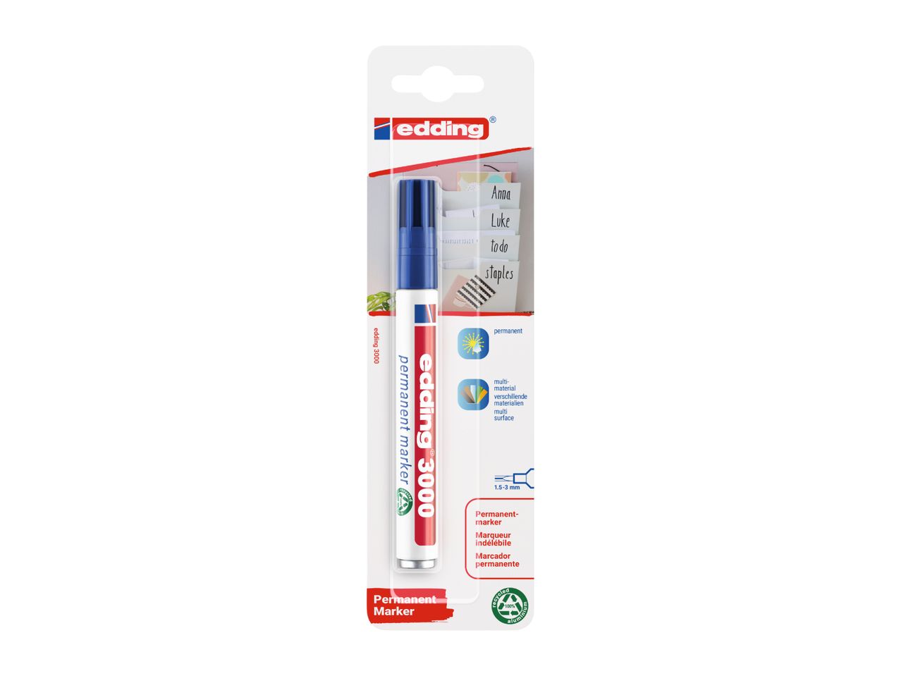 Blue permanent marker in blister packaging, highlighting its multi-surface and permanent features.
