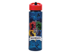 A blue Hogwarts-themed water bottle with a red lid.