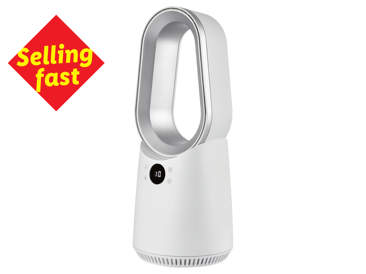 White bladeless fan with a digital display showing '10' and a red 'Selling fast' label.