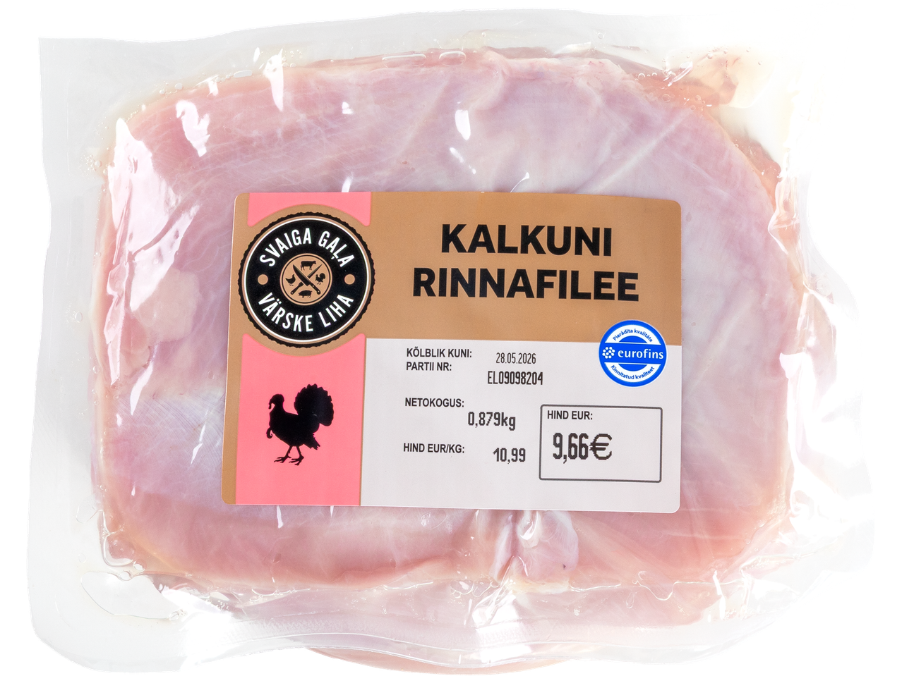 Pakendatud kalkuni rinnafilee, millel on näha kaal, hind ja säilivusaeg.