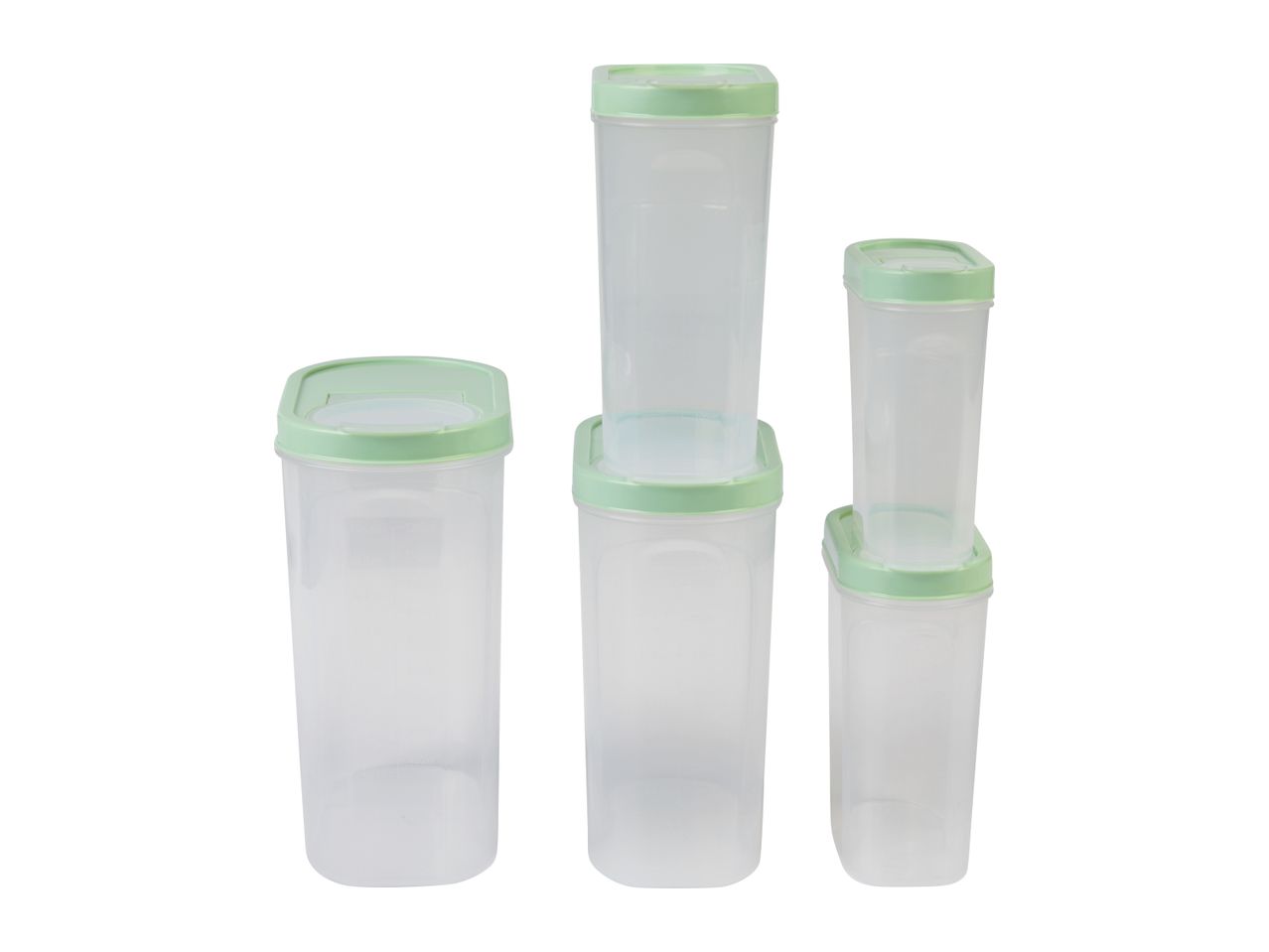Set of four clear plastic food storage containers with light green lids.