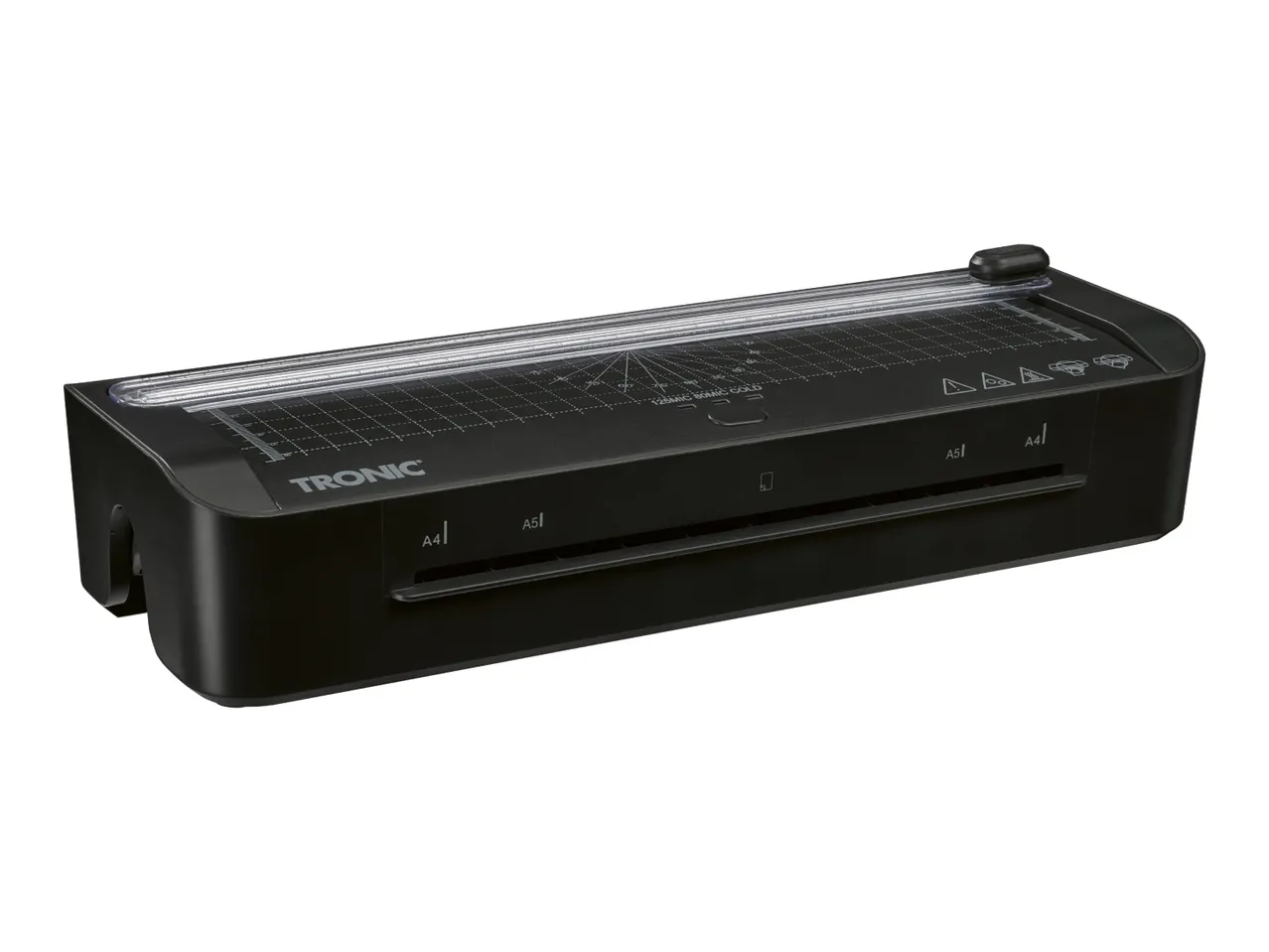 Black laminator with integrated paper cutter, showing various paper size guides and settings.