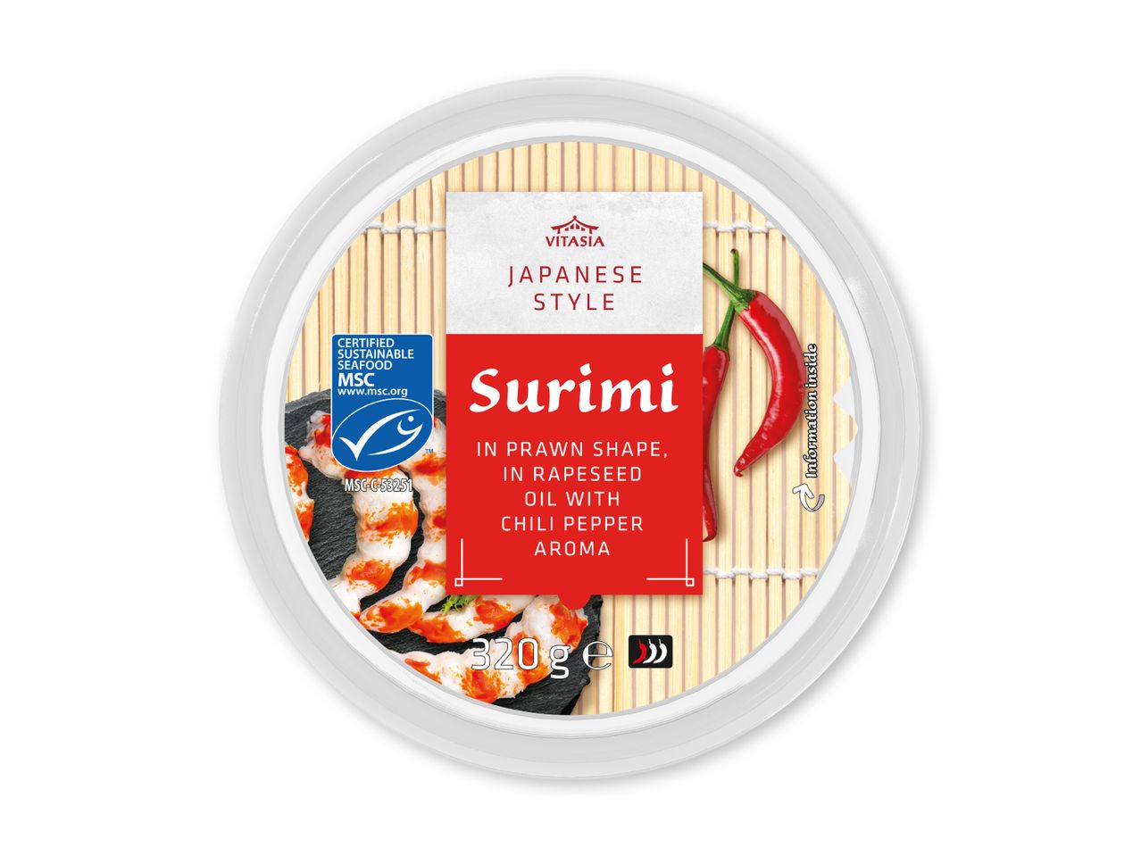 Surimi i rejeskikkelse med chilipeberaroma, 320g, certificeret bæredygtig fisk og skaldyr.