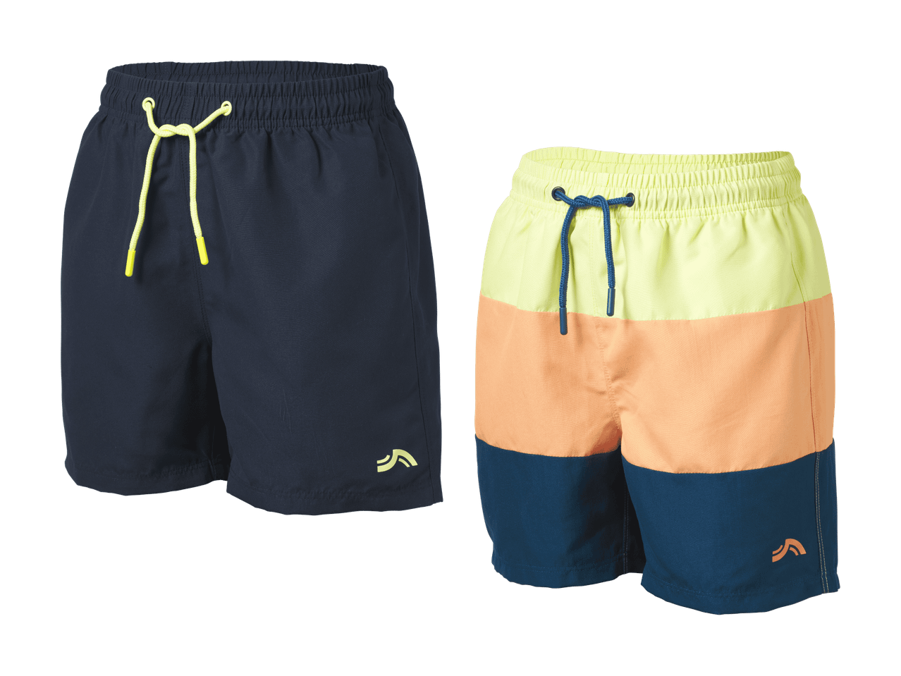Zwei Badeshorts: eine dunkelblaue mit gelber Kordel, eine dreifarbig in Gelb, Orange und Blau.