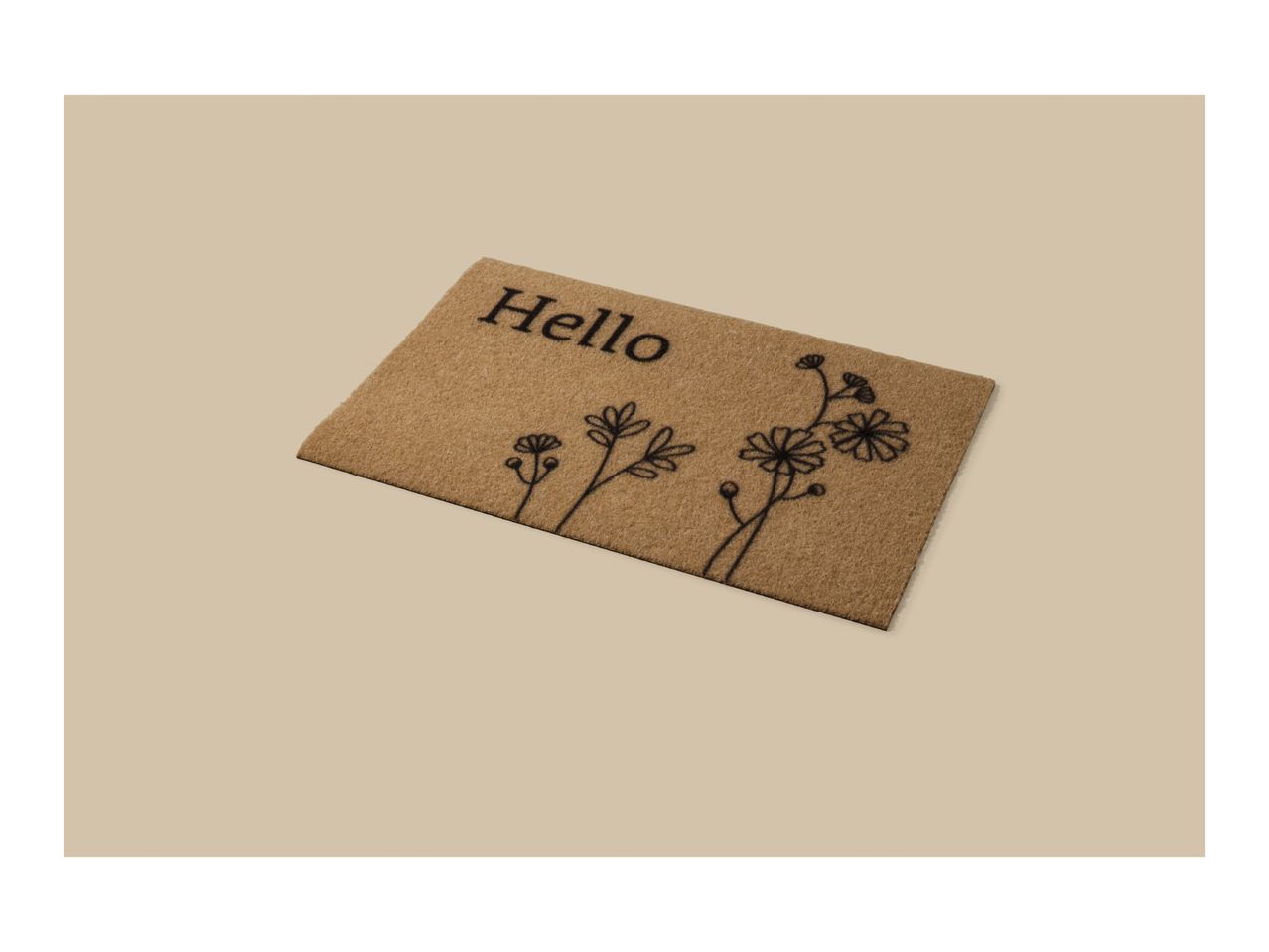 Coir doormat with 'Hello' text and floral design on a beige background