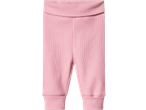 Pink ribbed baby leggings with a wide elastic waistband and cuffed ankles.