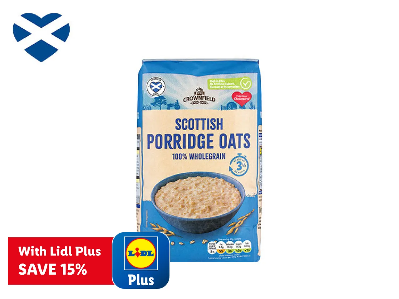 Crownfield Scottish Porridge Oats with a Lidl Plus discount offer.