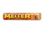 En orange pakke med karamel-chokolade-tyggegummier, der viser en skåret tyggegummi med flydende karamel.