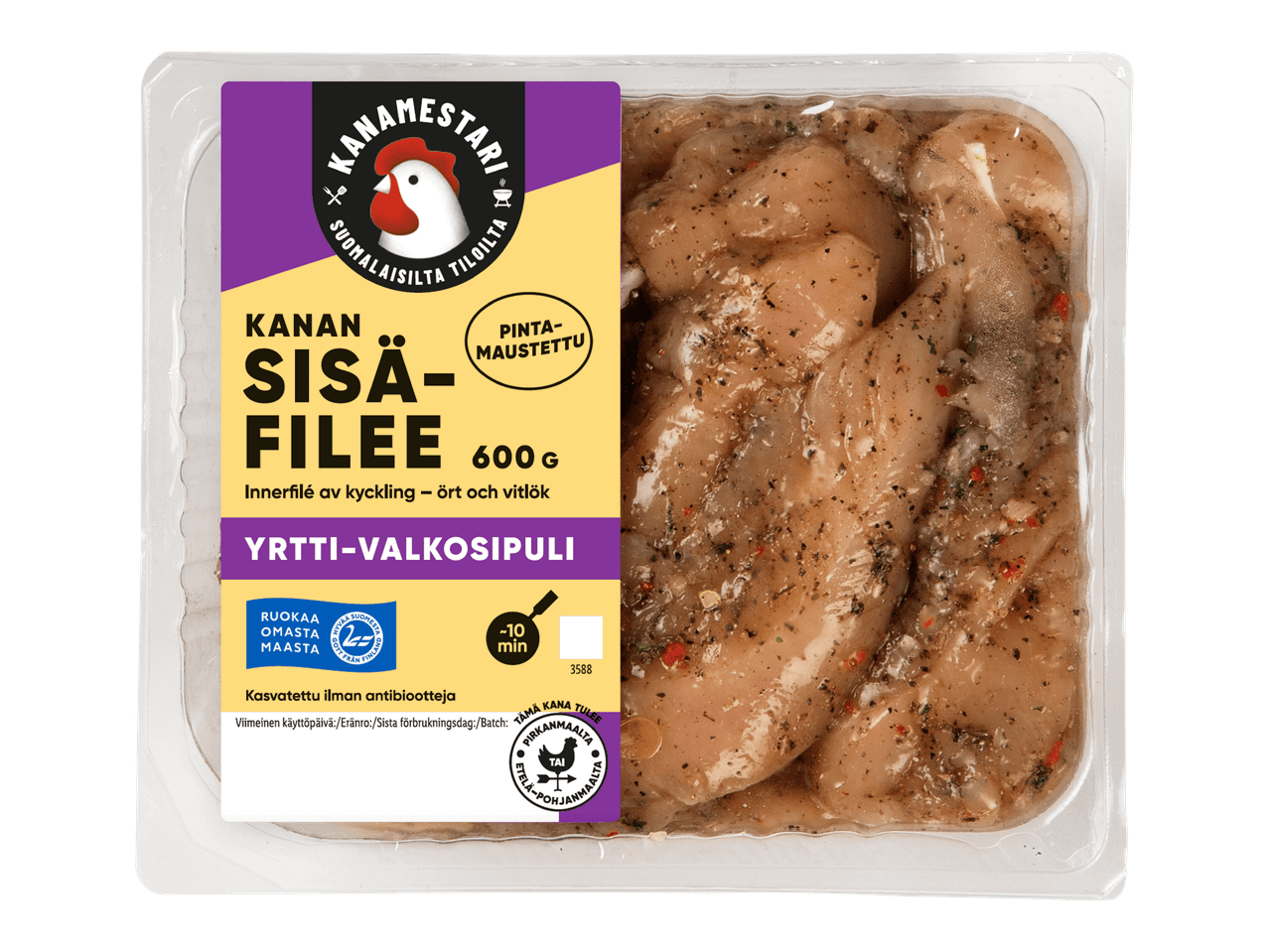 600g yrttimaustettua kanan sisäfileetä. Kanamesteri merkki.