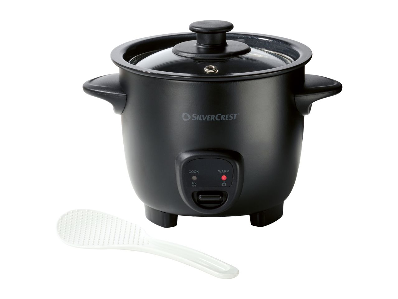 Black rice cooker with a glass lid and a white serving spoon.