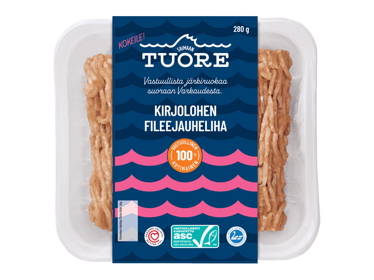 Saimaan Tuore -kirjolohifileejauheliha, 280 g, vastuullisesti kasvatettu ja 100 % kotimainen.