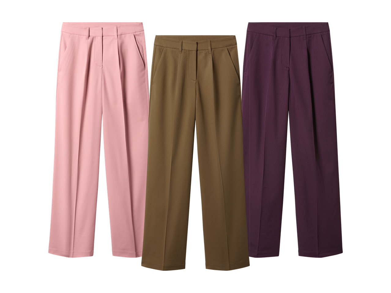 Tri para širokih hlača u ružičastoj, maslinasto zelenoj i tamnoljubičastoj boji.