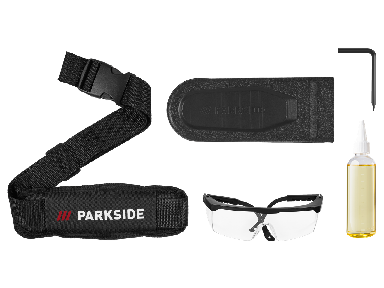Аксесоари за акумулаторен трион за клони PARKSIDE: ремък, капак на острието, предпазни очила, масло, шестограм