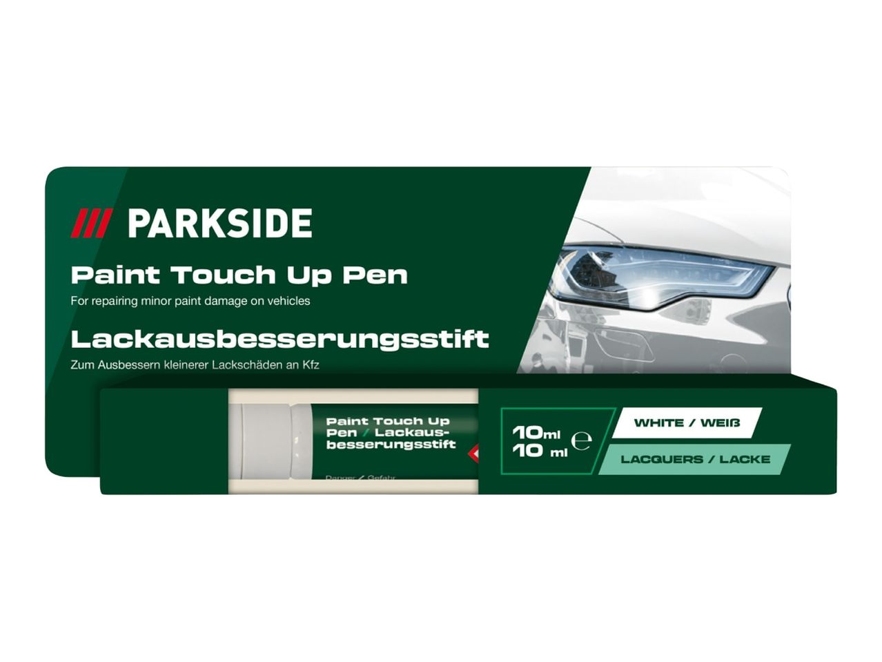 Paint touch-up pen for vehicles, 10ml, white, with instructions in English and German.