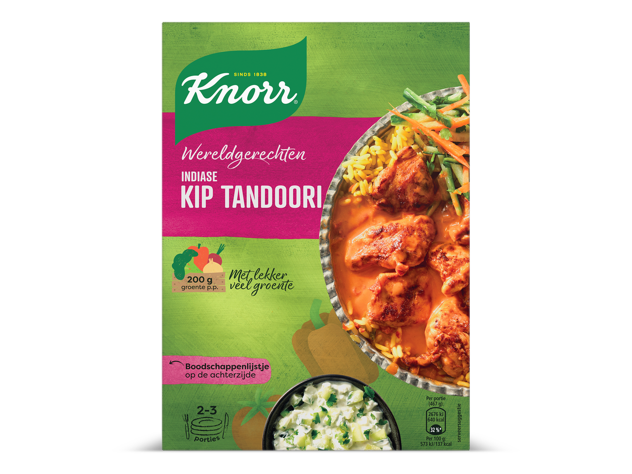 Verpakking van Indiase Kip Tandoori maaltijdpakket met rijst en saus.