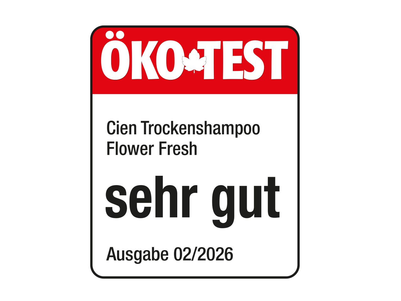 ÖKO-TEST Siegel für Trockenshampoo, bewertet mit 'sehr gut', Ausgabe 02/2026.