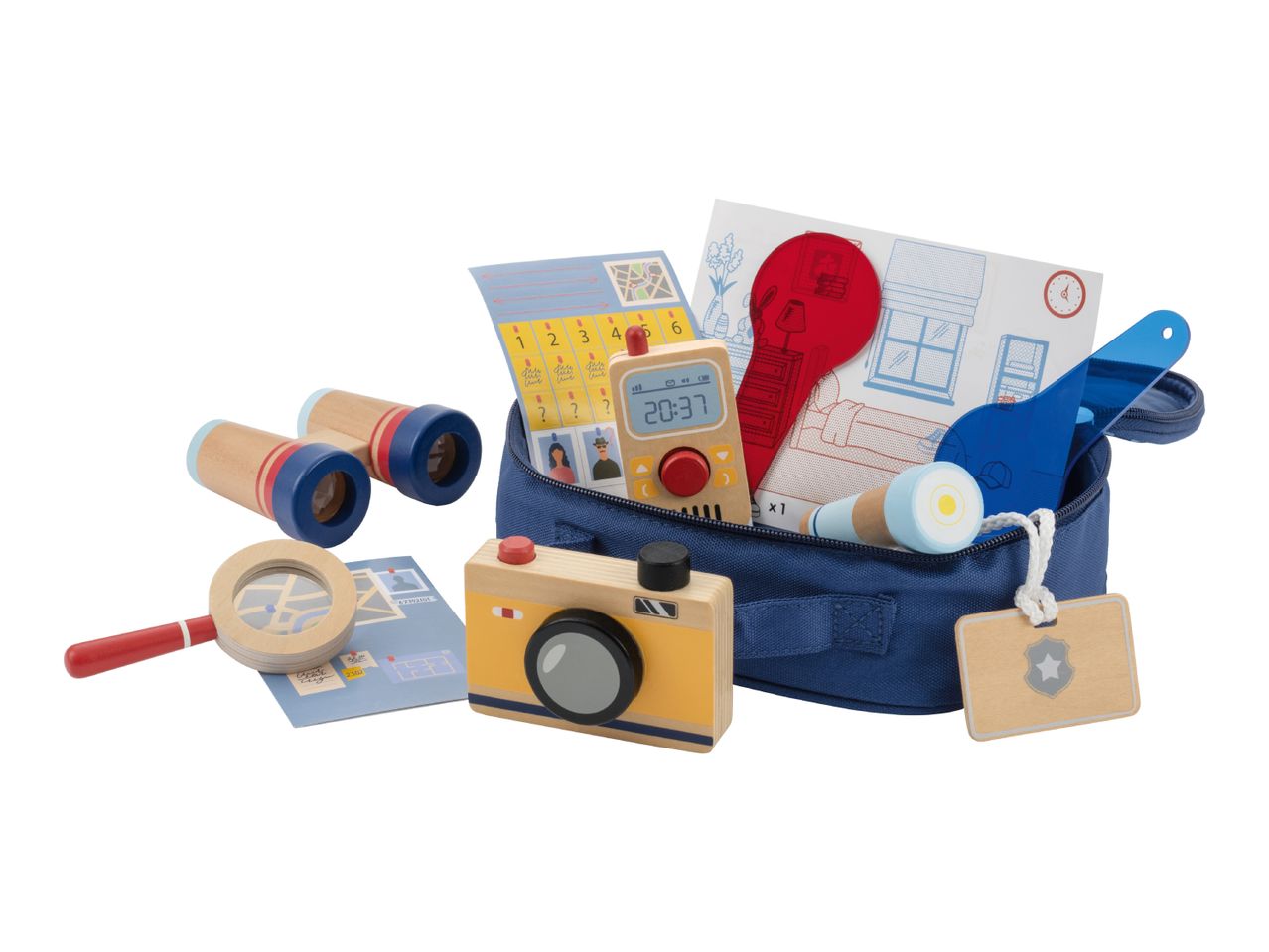 A wooden detective play set with binoculars, magnifying glass, camera, and a blue bag filled with a walkie-talkie, maps, and other spy tools.