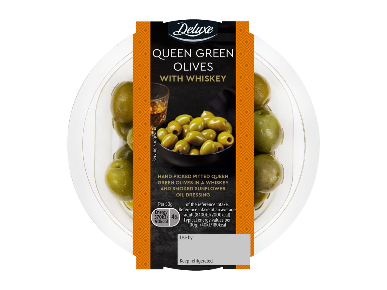 Deluxe Queen Green Olives with Whiskey and Smoked Sunflower Oil Dressing in a clear container.