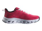 Side view of a pink and white athletic shoe with a textured upper and a sculpted sole.