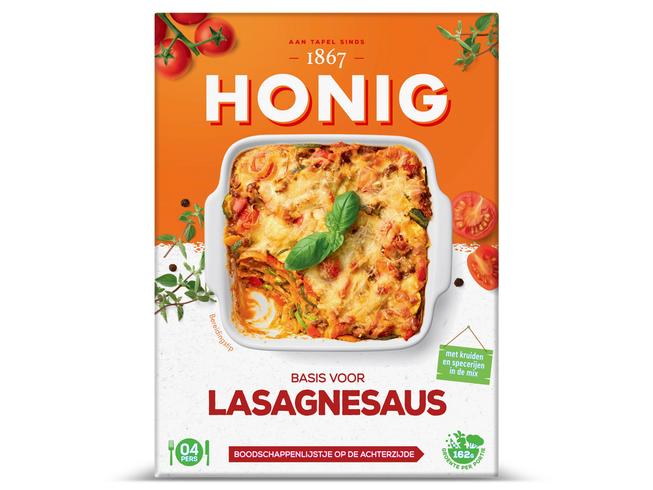 Honig Lasagnesaus mix met een ovenschaal lasagne en tomaten.