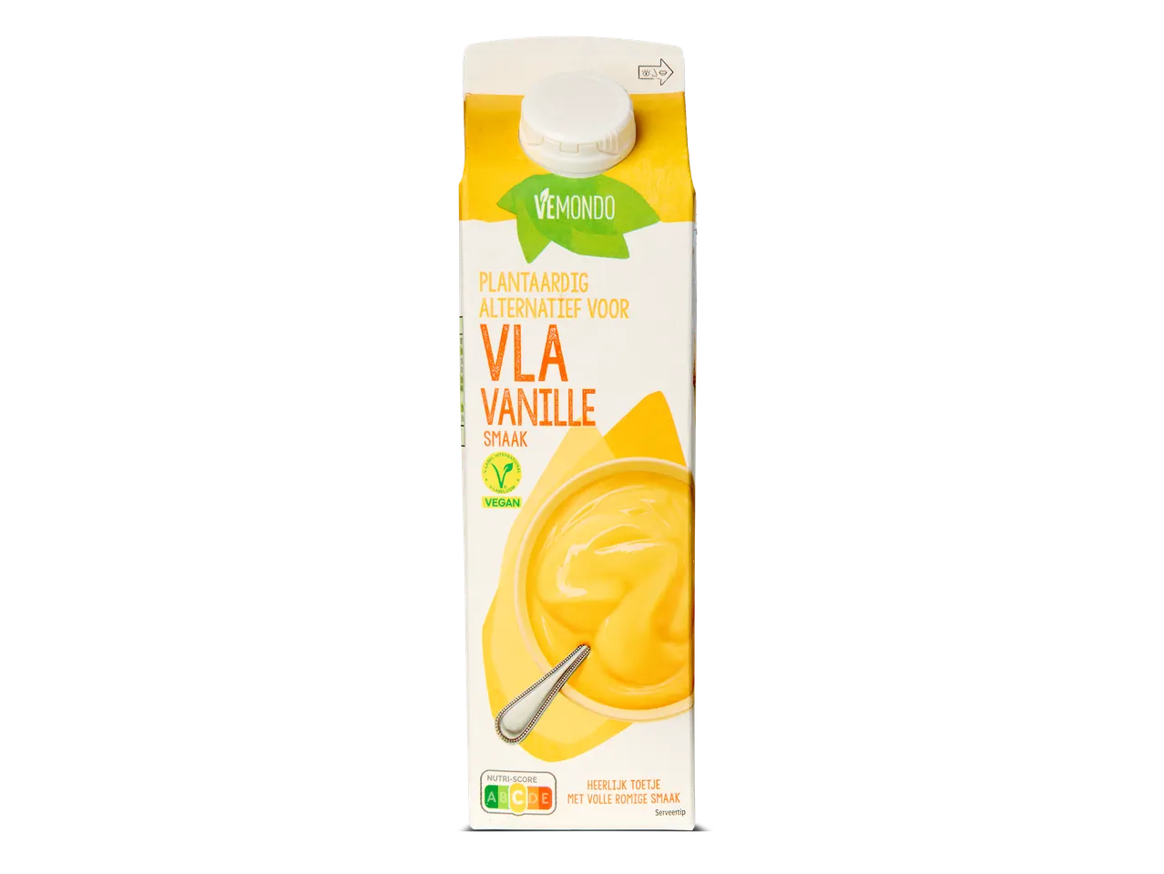 Plantaardige vanillevla in een pak, met een Nutri-Score B en de tekst 'Heerlijk toetje met volle romige smaak'.