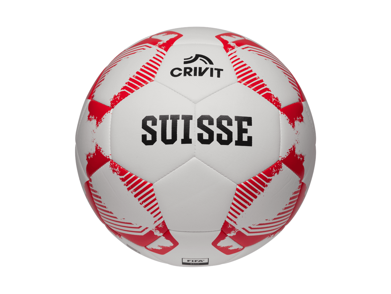 Pallone da calcio bianco con strisce rosse e la scritta 'SUISSE'