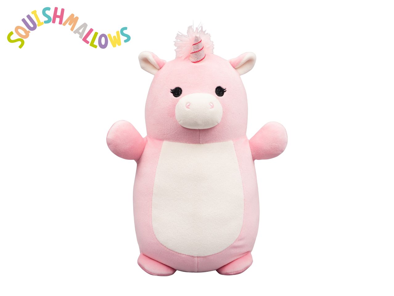 Pink unicorn plush toy with a white belly and a colorful arched text above it.