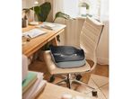 Ergonomic seat cushion on an office chair at a wooden desk with a lamp and plants.