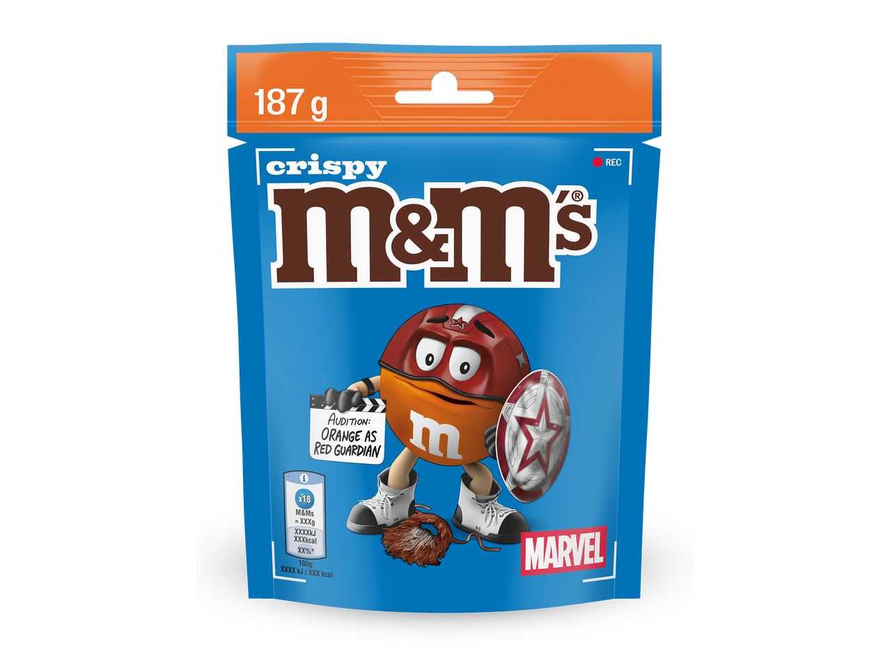 Een blauwe zak met knapperige chocoladesnoepjes, met een oranje snoepje verkleed als Red Guardian.