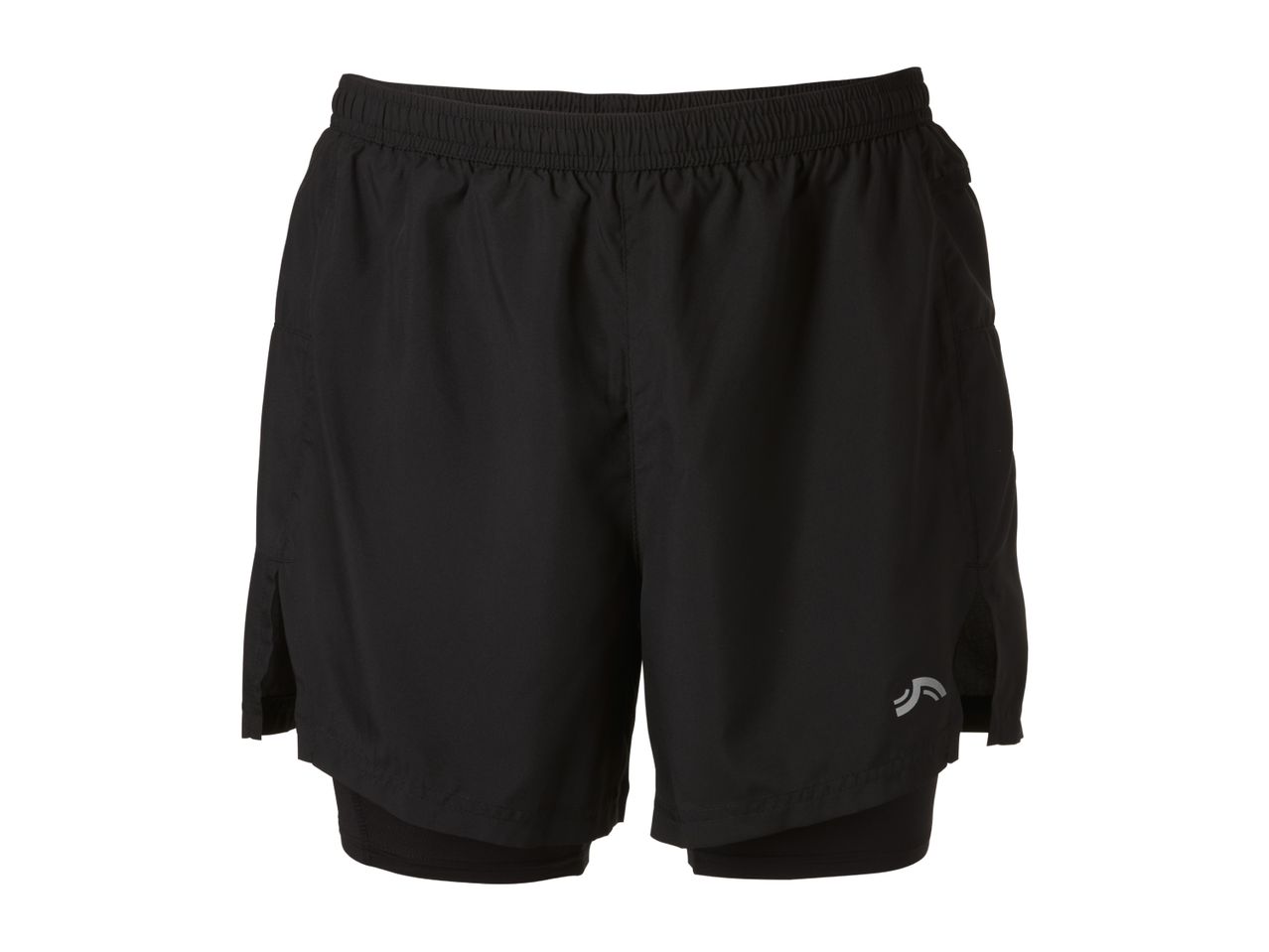 Black men's running shorts with an elastic waistband and a reflective logo.