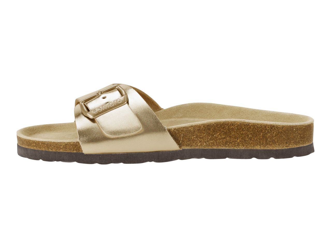 Gold metallic slide sandal with a cork footbed and adjustable buckle.