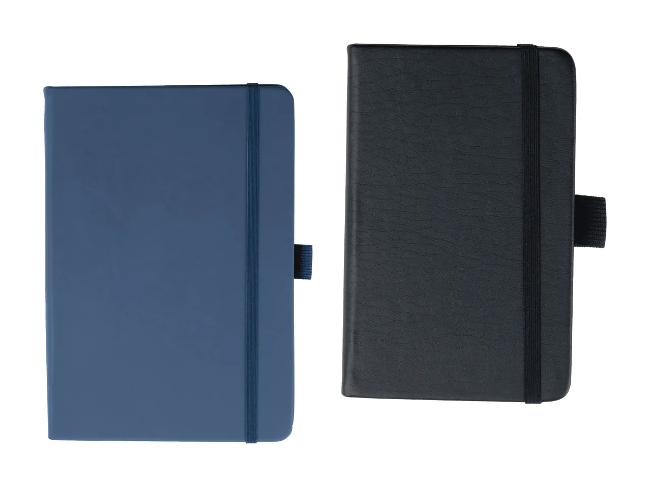 Deux carnets de notes, un bleu et un noir, avec des élastiques de fermeture.