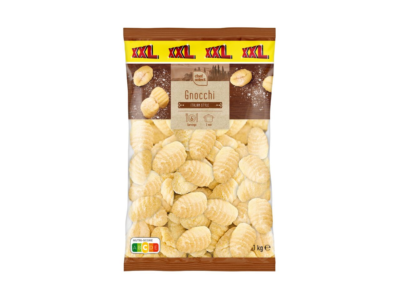 XXL bag of Italian style gnocchi, showing 6 servings and 2 min cooking time, with a Nutri-Score A.