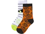 Halloween socks with mummy and pumpkin patterns.