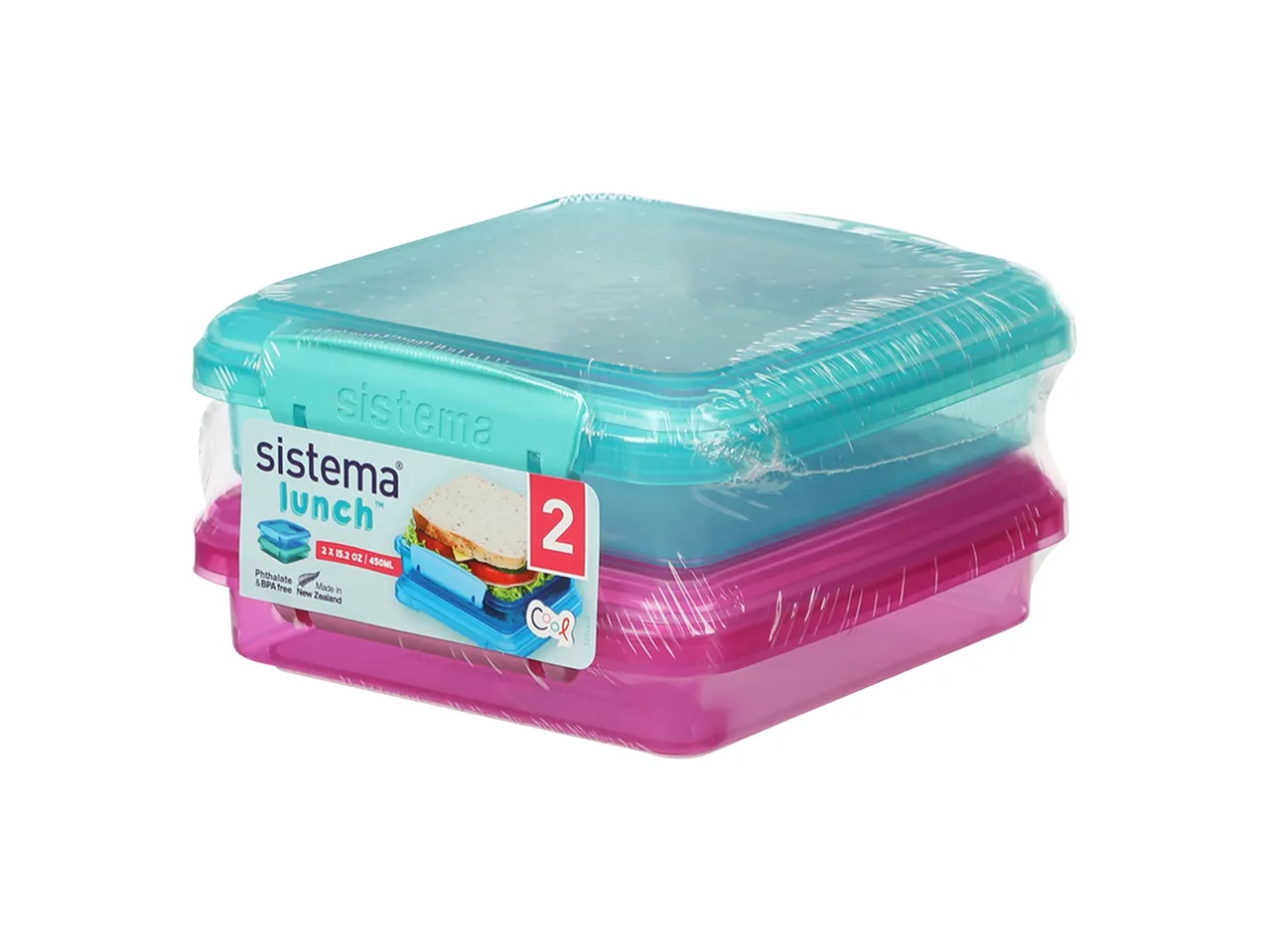 Due contenitori per il pranzo Sistema, uno blu e uno rosa, avvolti in plastica.
