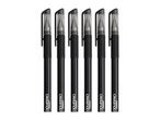 Six black gel pens with clear caps and textured grips, arranged vertically.