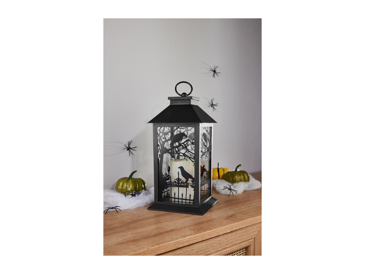 Halloween lantern with raven silhouettes, pumpkins, spiders, and faux cobwebs.
